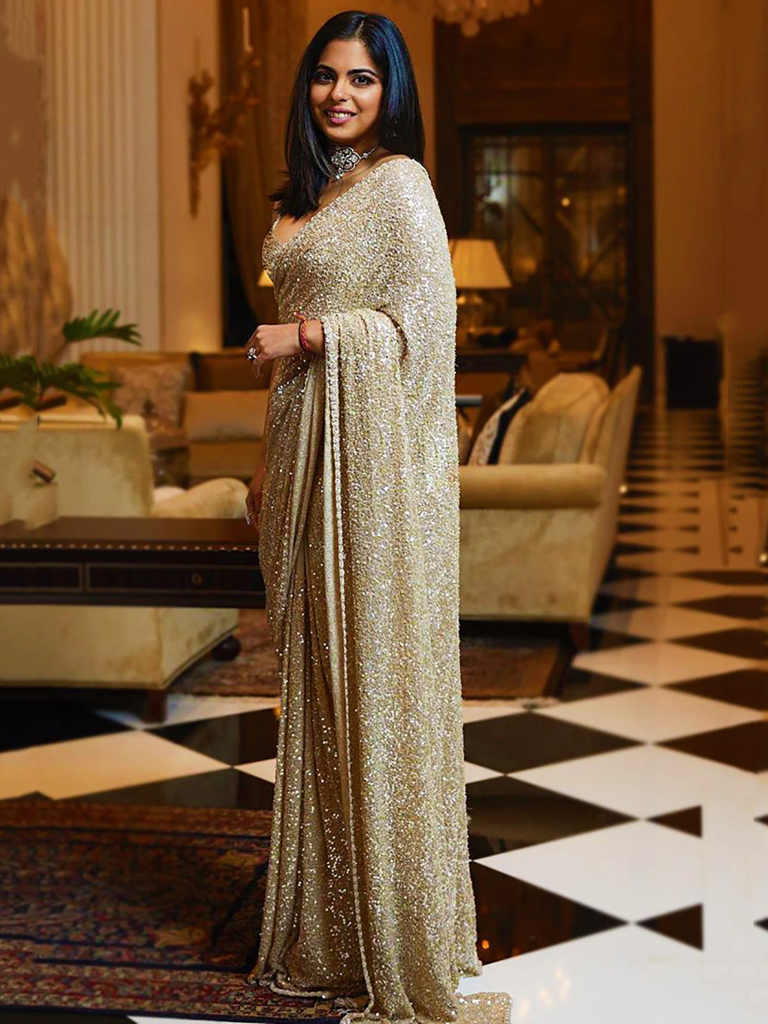 Precious Cream Sequins Georgette Party Wear Saree With Blouse