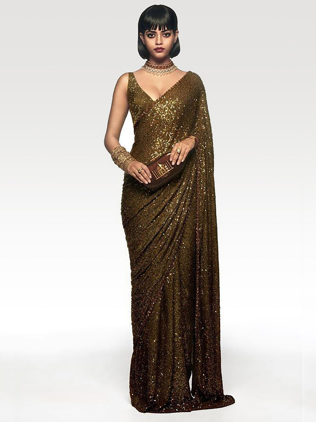 Incredible Olive Green Sequins Event Wear Saree With Blouse