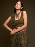Incredible Olive Green Sequins Event Wear Saree With Blouse
