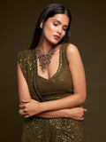 Incredible Olive Green Sequins Event Wear Saree With Blouse