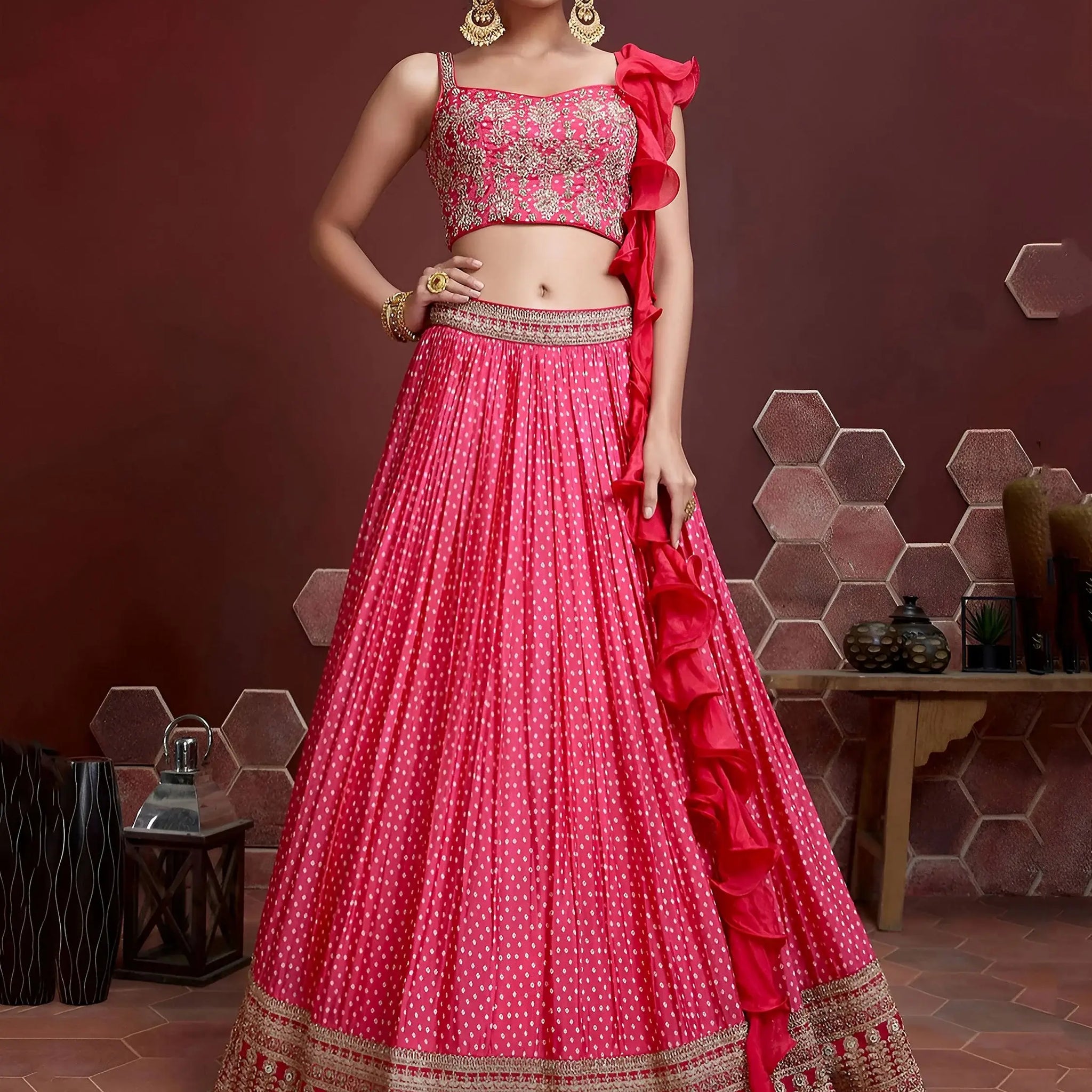 Capricious Pink Digital Printed Chinon Silk Designer Lehenga Choli