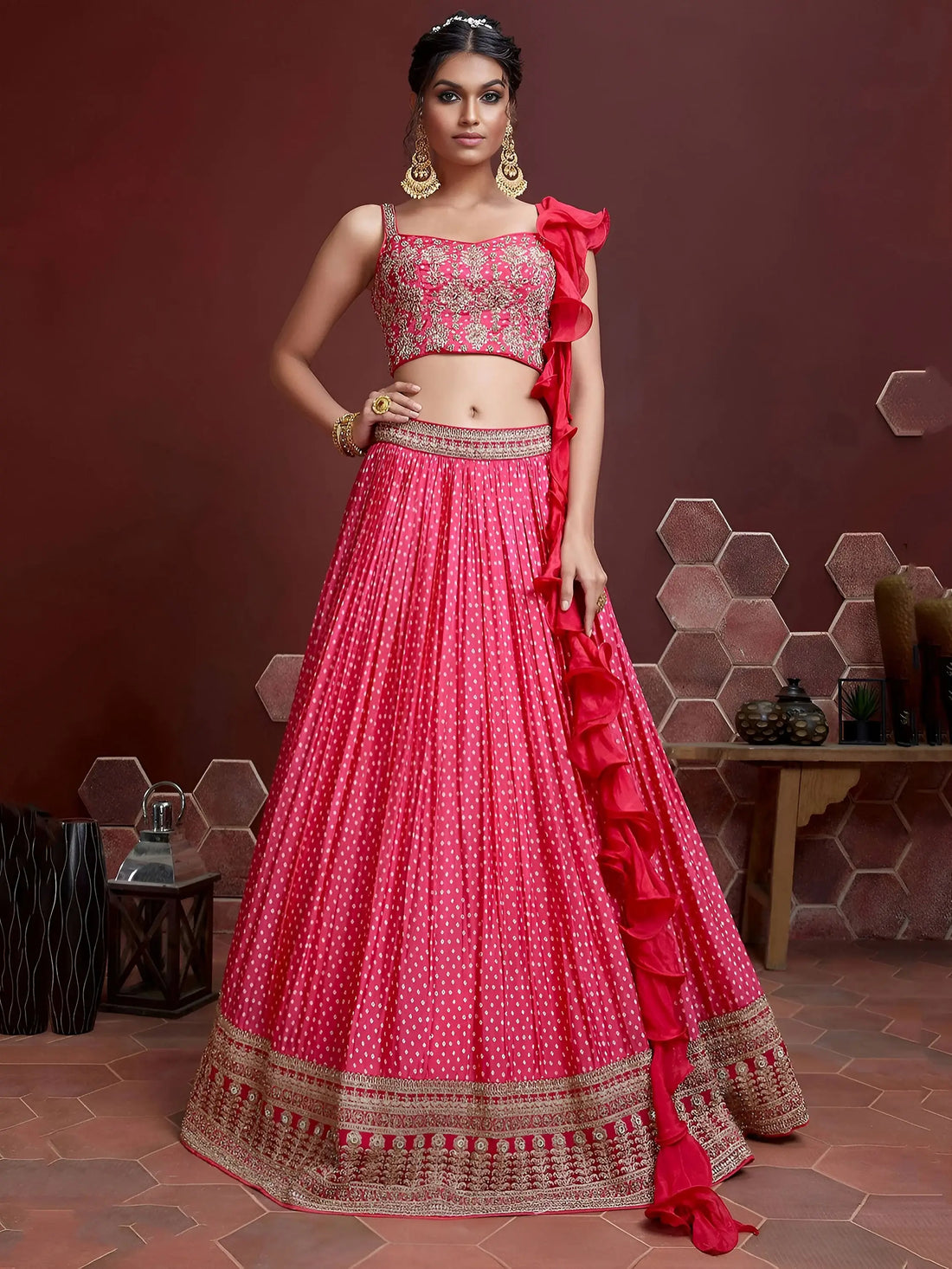 Capricious Pink Digital Printed Chinon Silk Designer Lehenga Choli