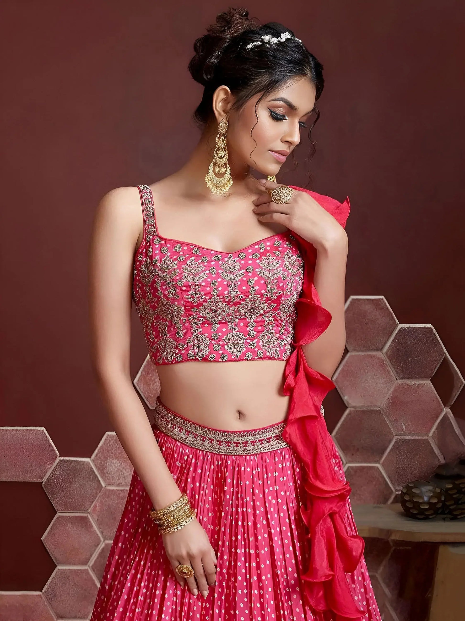 Capricious Pink Digital Printed Chinon Silk Designer Lehenga Choli