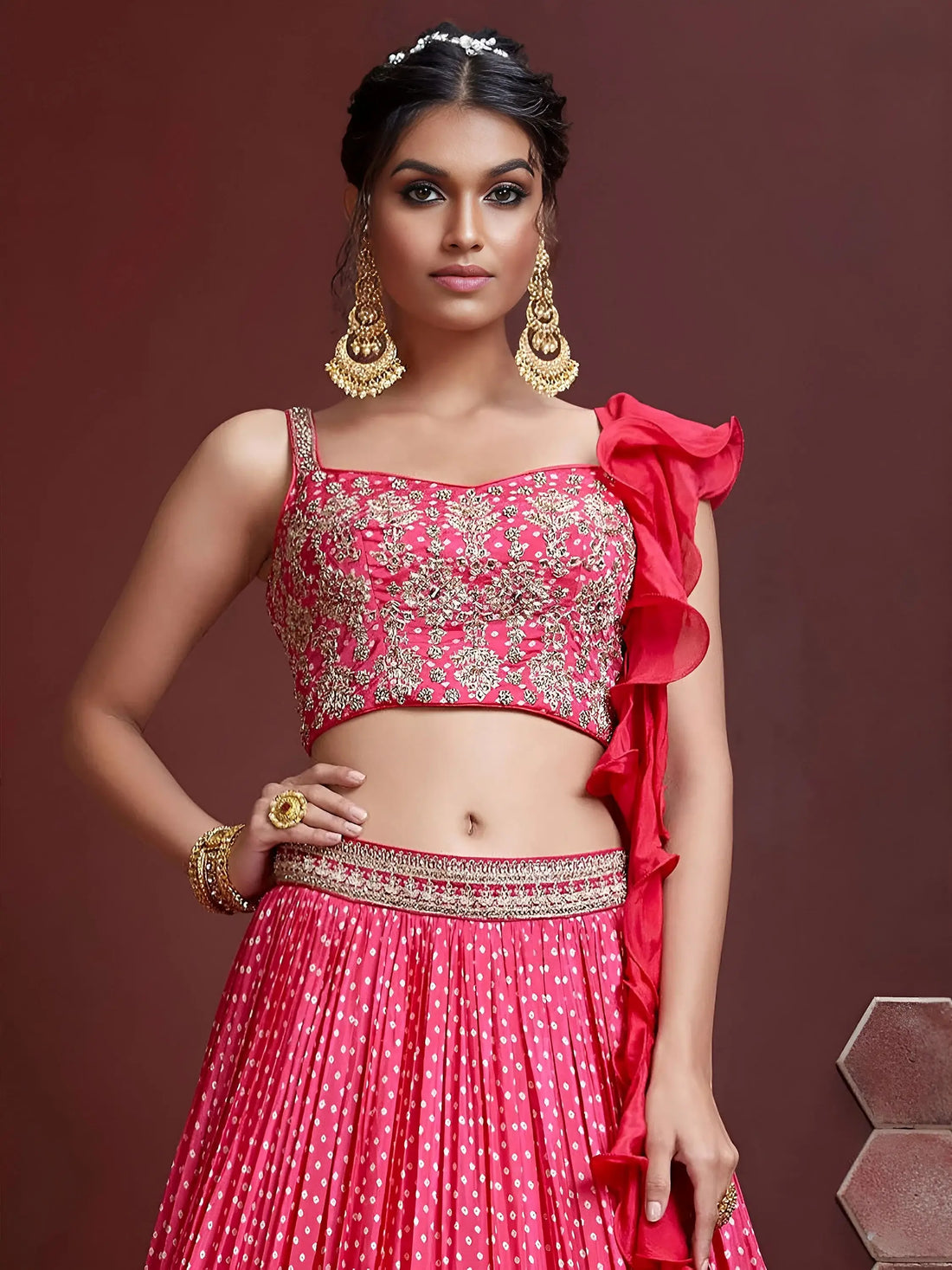Capricious Pink Digital Printed Chinon Silk Designer Lehenga Choli