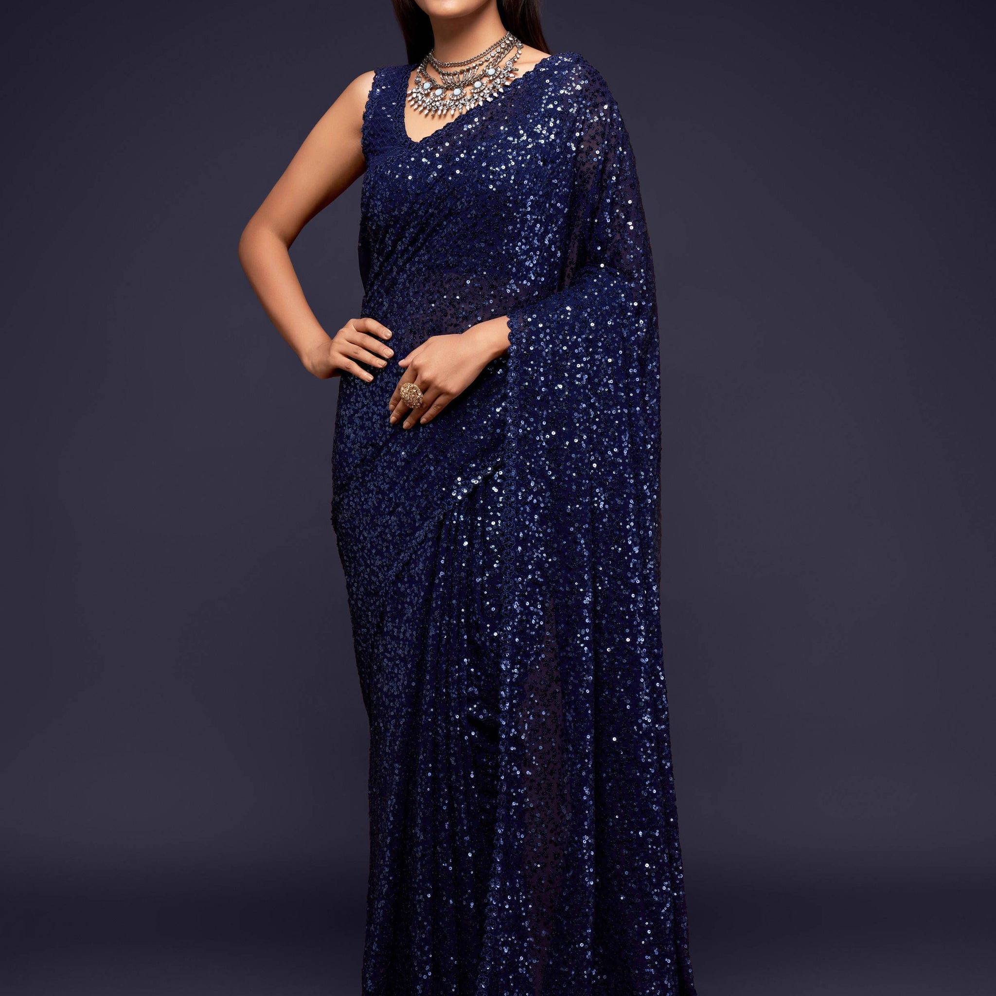 Pretty Blush Blue Sequined Georgette Party Wear Saree