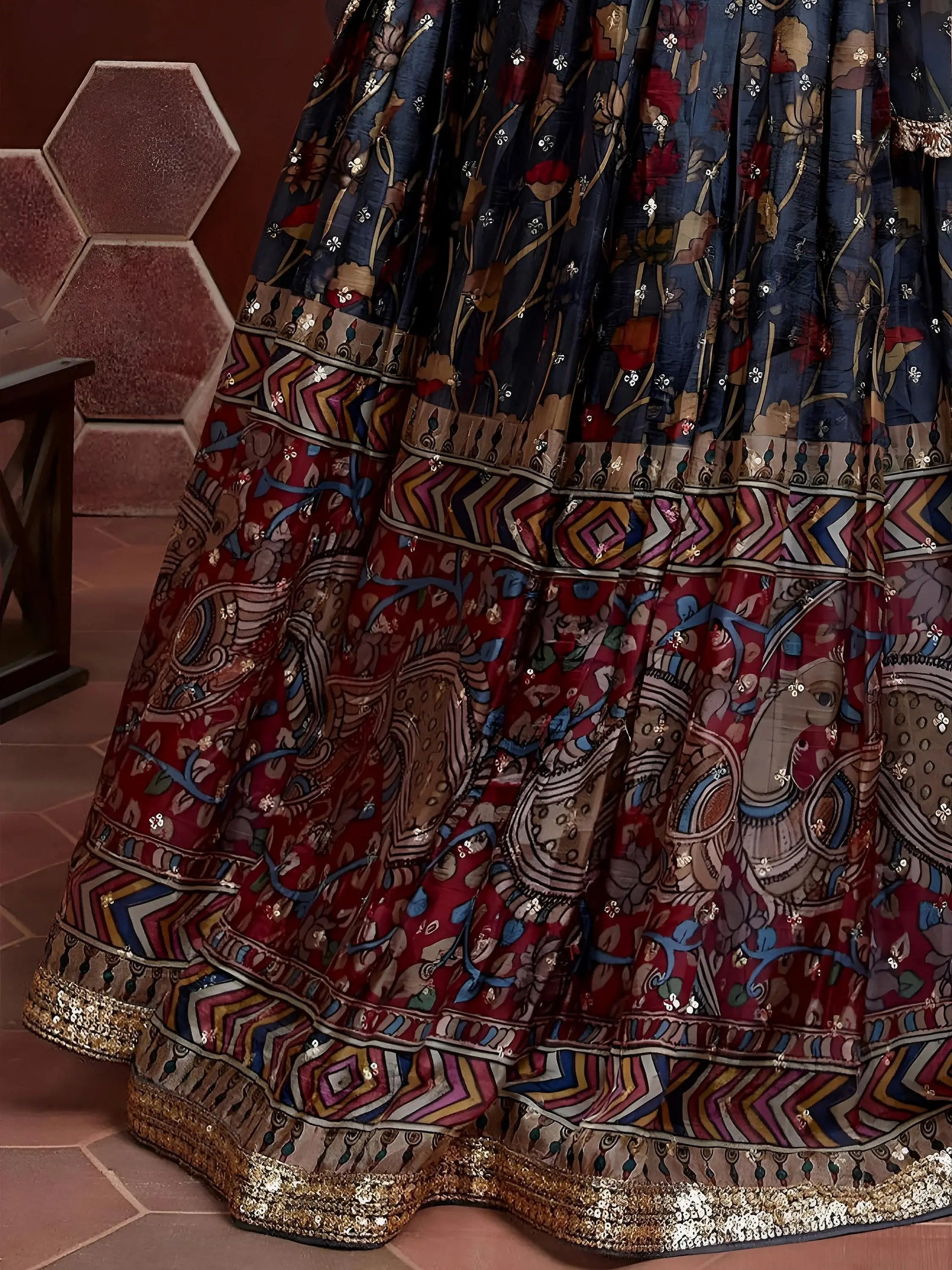 Exquisite Blue Digital Printed Chinon Silk Party Wear Lehenga Choli