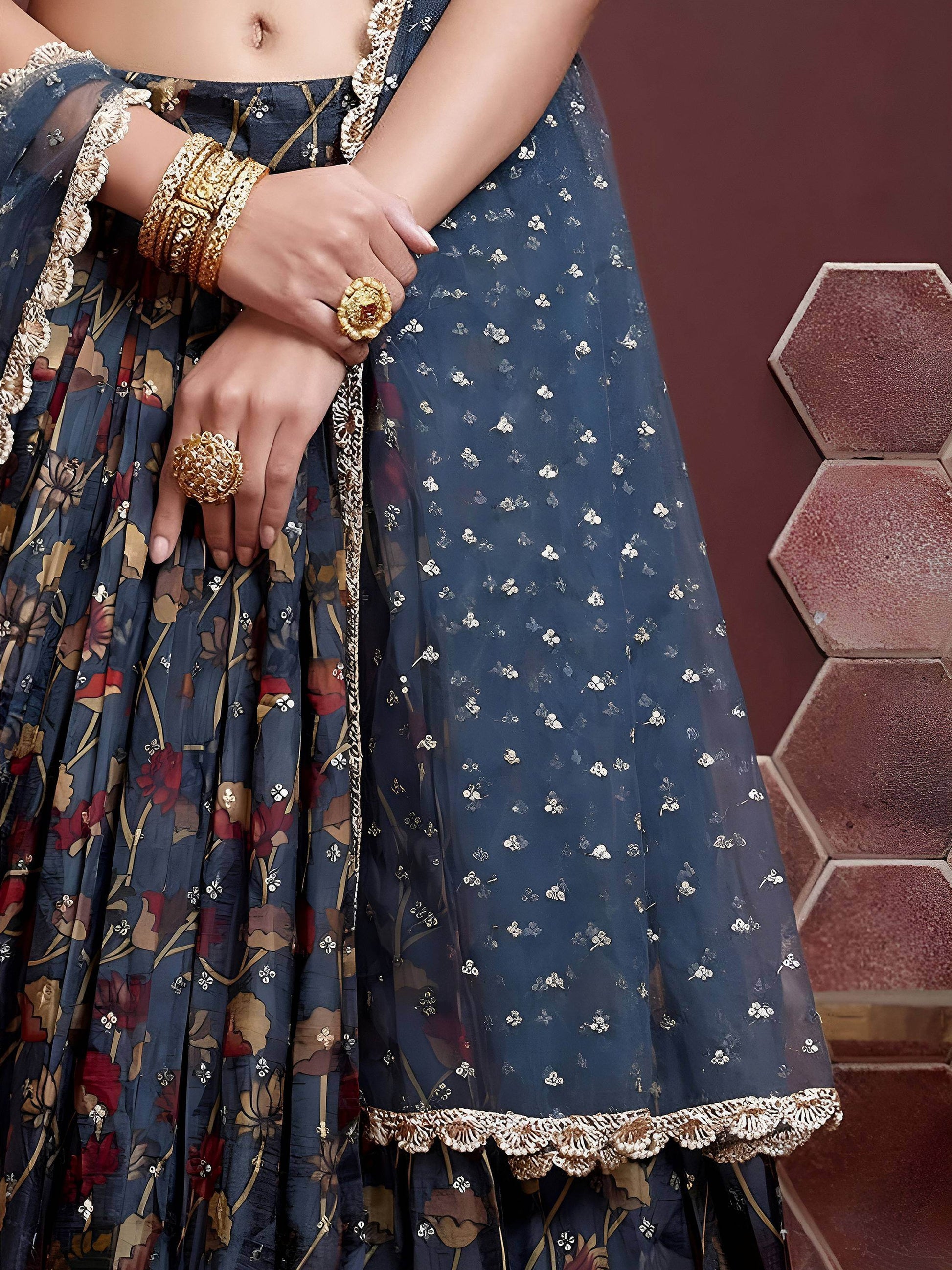 Exquisite Blue Digital Printed Chinon Silk Party Wear Lehenga Choli