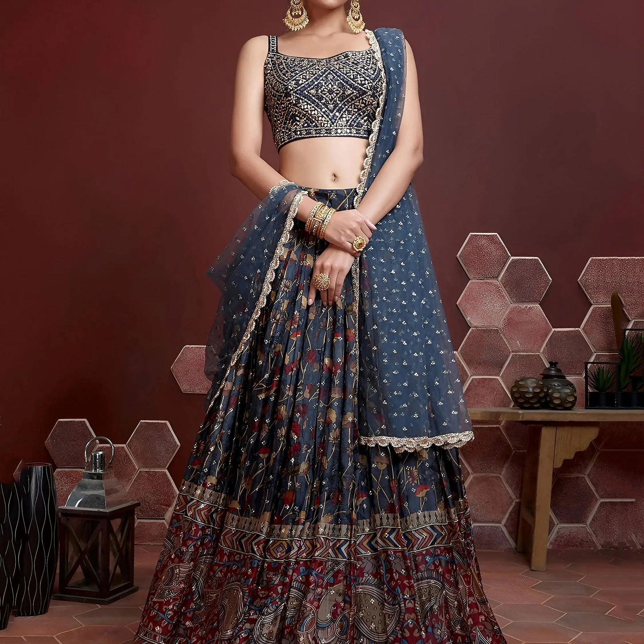 Exquisite Blue Digital Printed Chinon Silk Party Wear Lehenga Choli