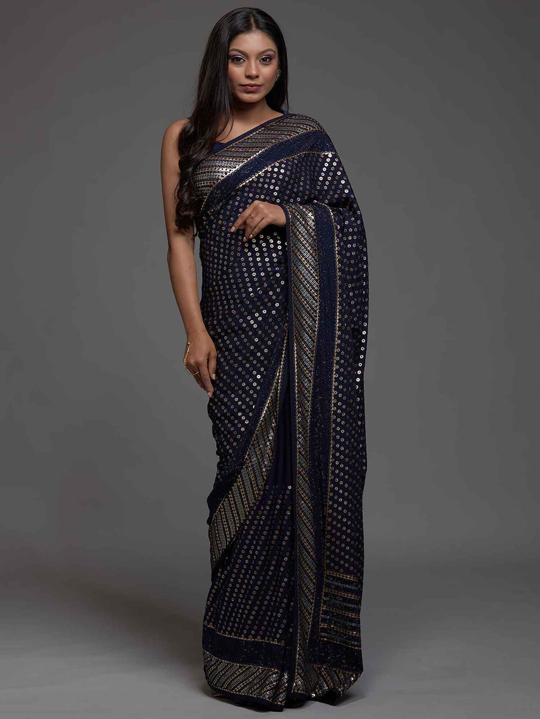 Lovable Navy Blue Sequins Georgette Party Wear Saree With Blouse