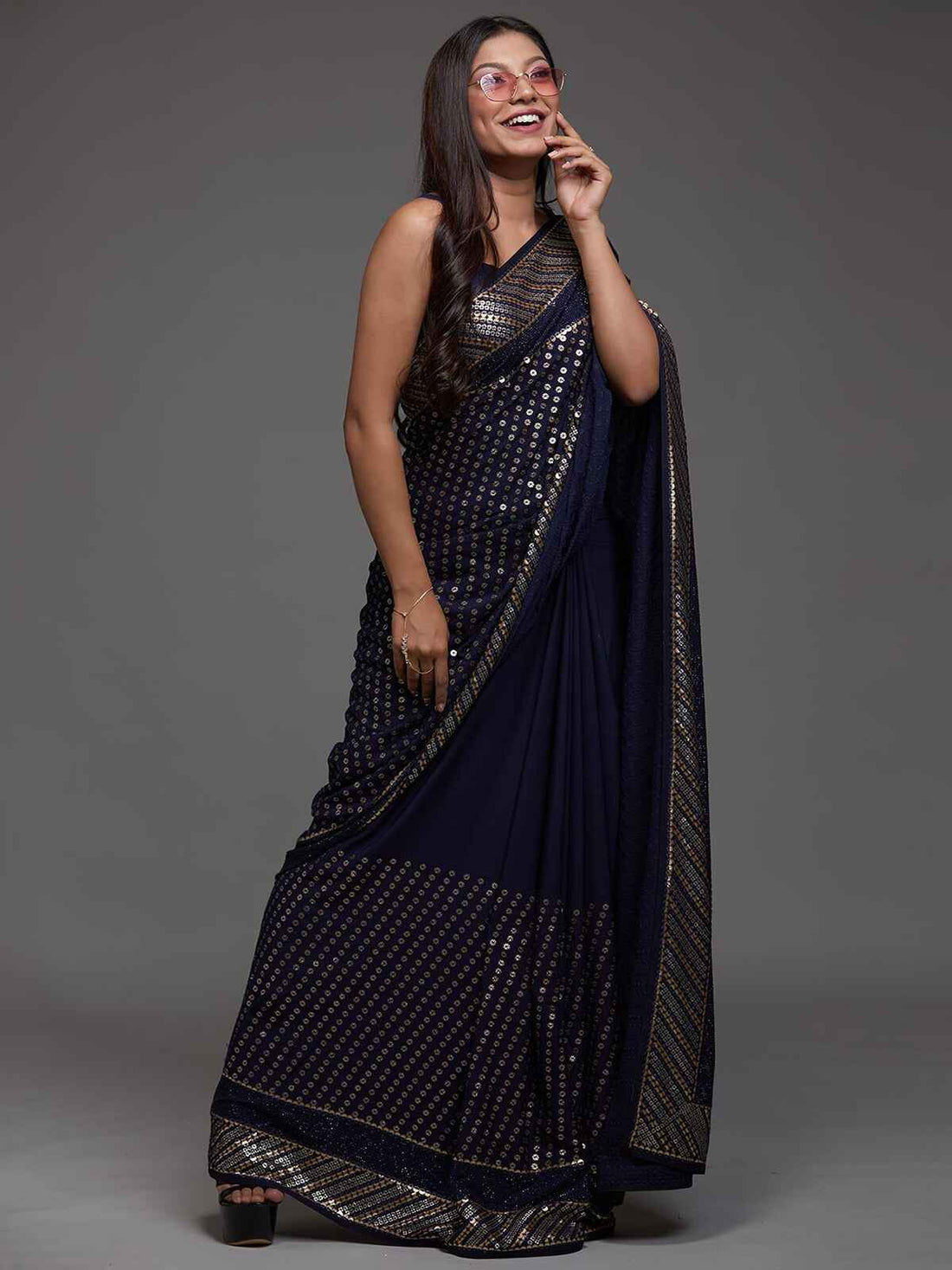 Lovable Navy Blue Sequins Georgette Party Wear Saree With Blouse