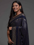 Lovable Navy Blue Sequins Georgette Party Wear Saree With Blouse