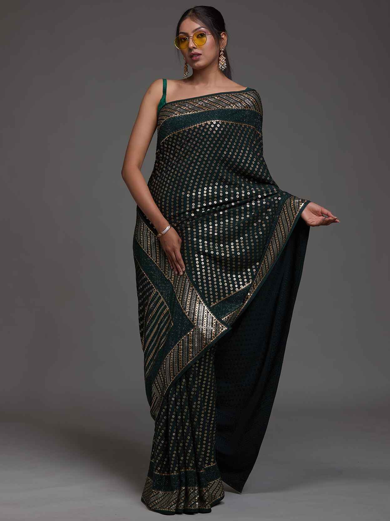 Alluring Green Sequins Georgette Reception Wear Saree With Blouse