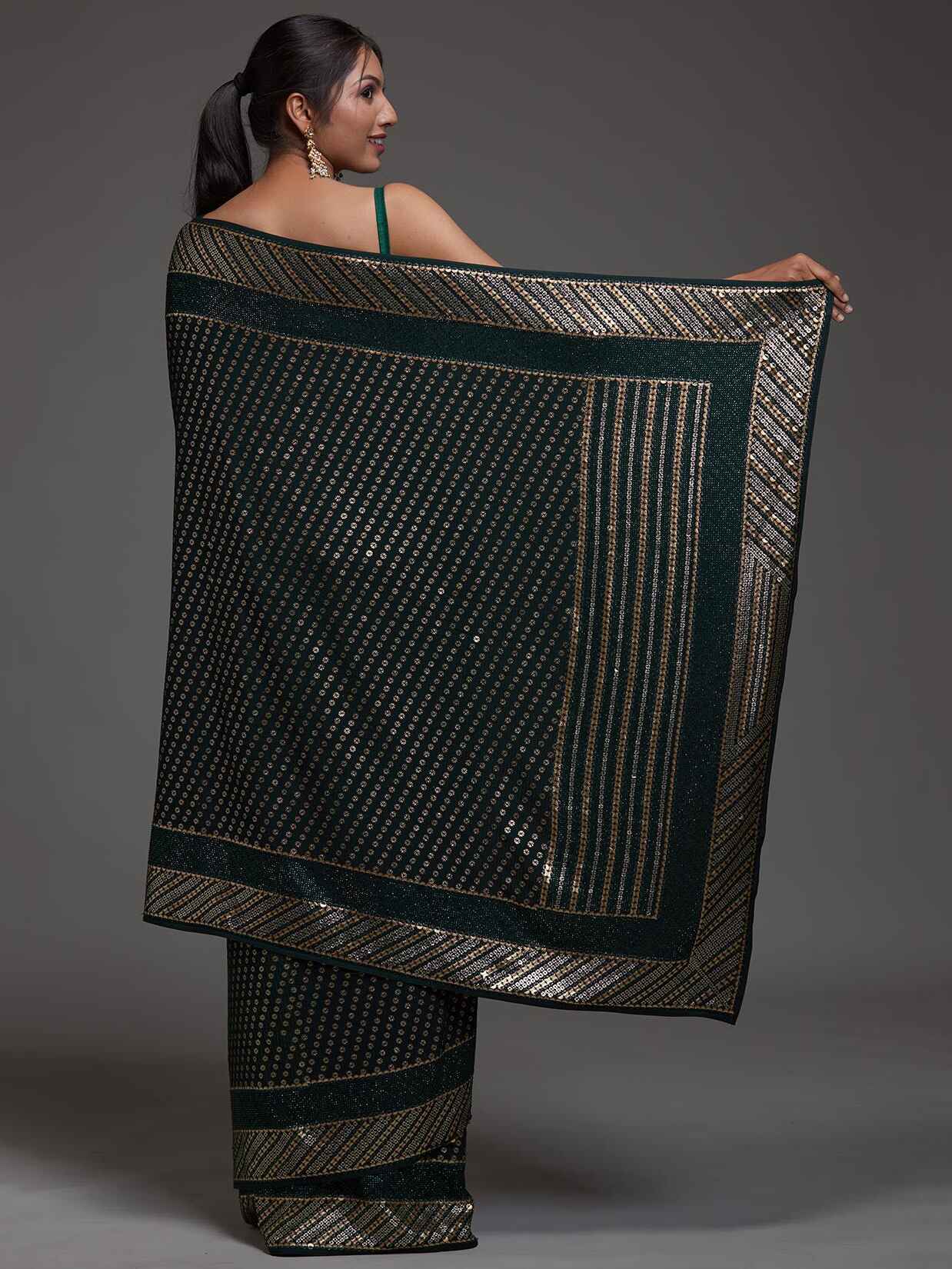 Alluring Green Sequins Georgette Reception Wear Saree With Blouse