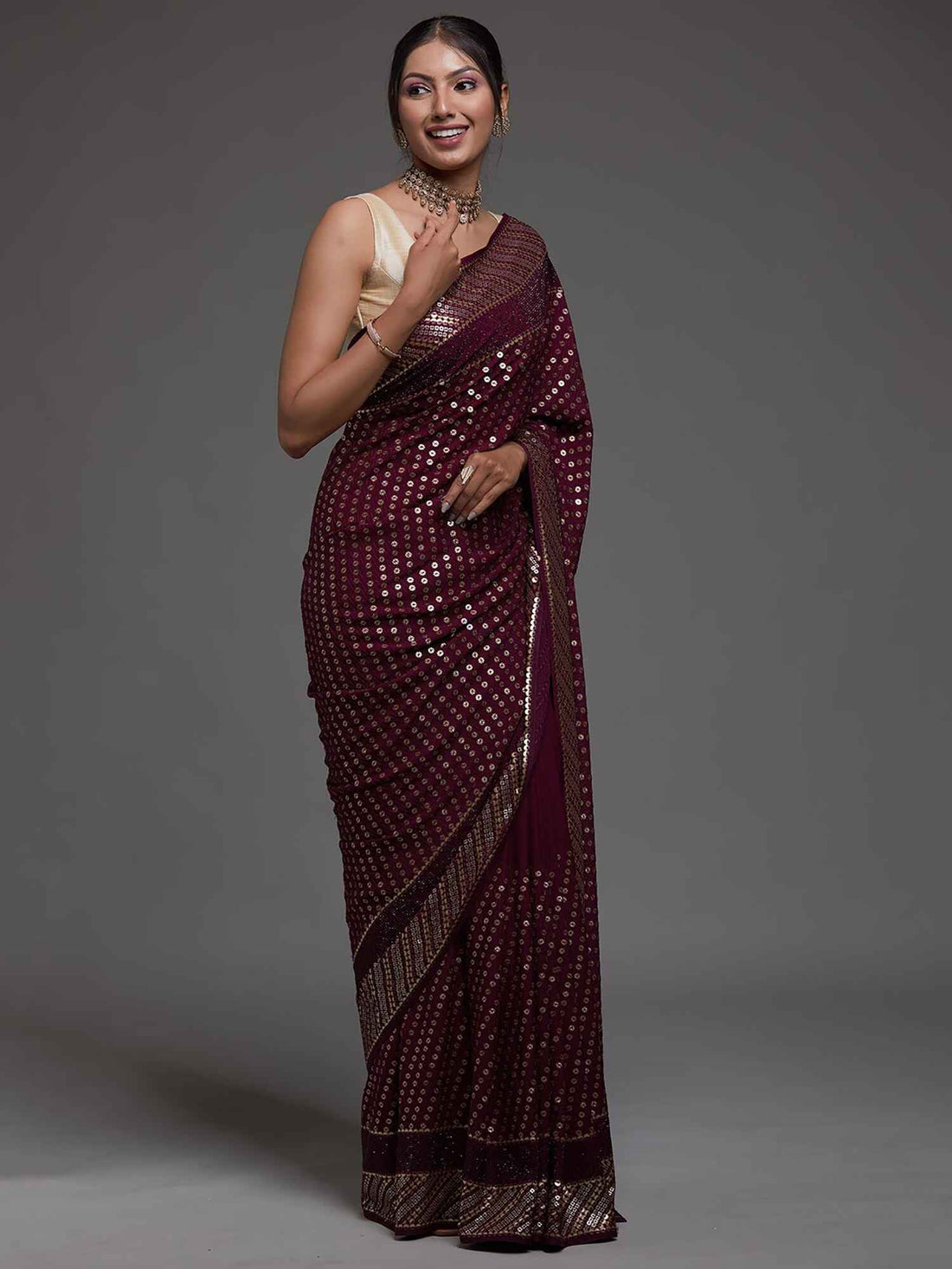 Adorable Maroon Sequins Georgette Cocktail Party Wear Saree