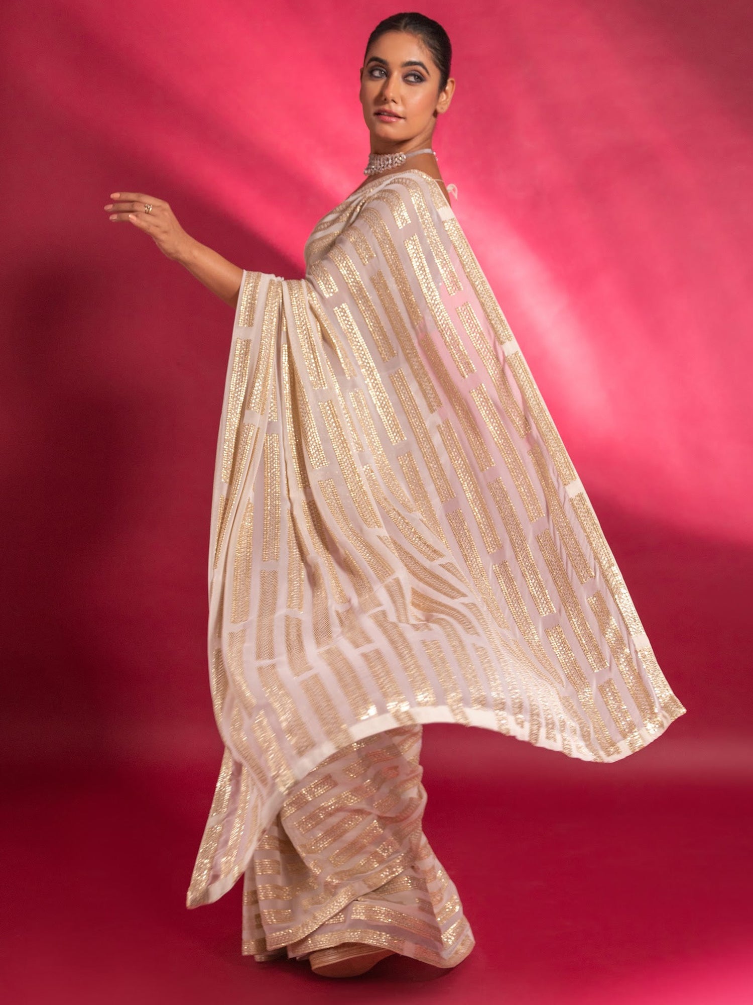 Charming Cream Sequins Georgette Party Wear Saree With Blouse