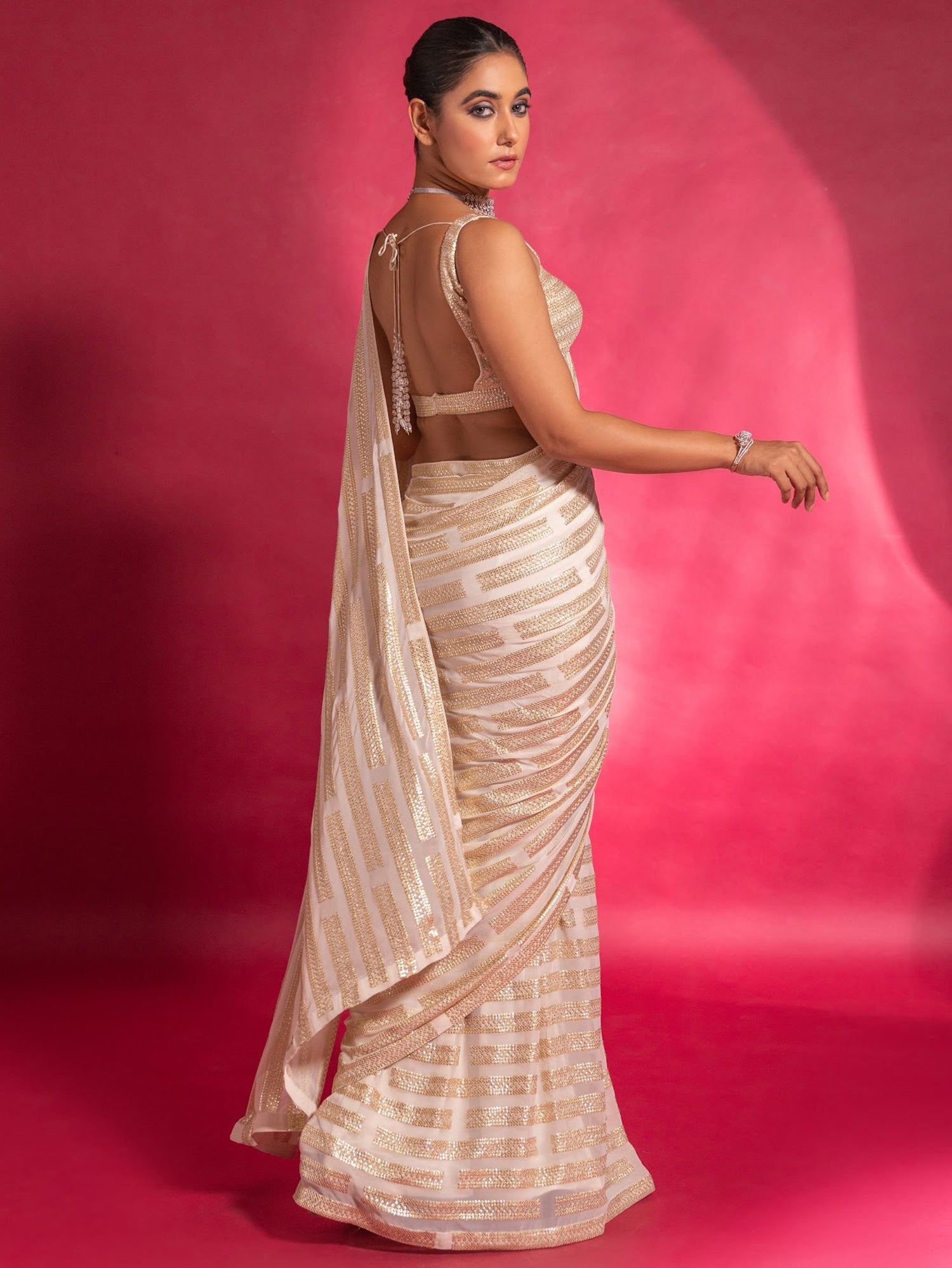 Charming Cream Sequins Georgette Party Wear Saree With Blouse