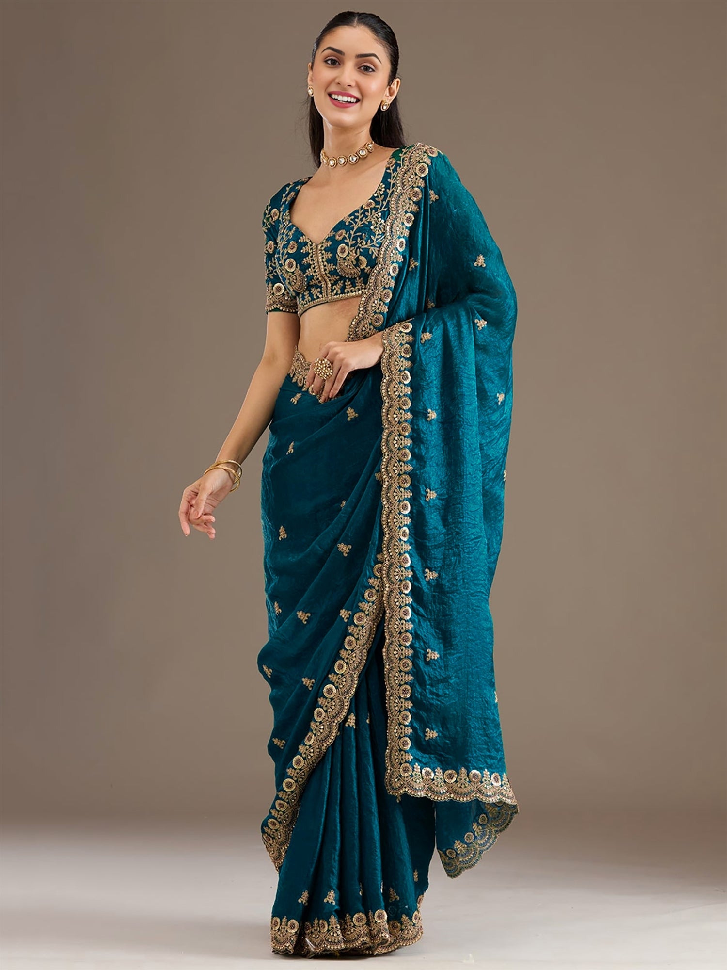 Classy Teal Blue Sequins Tissue Reception Wear Saree With Blouse