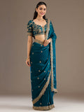 Classy Teal Blue Sequins Tissue Reception Wear Saree With Blouse