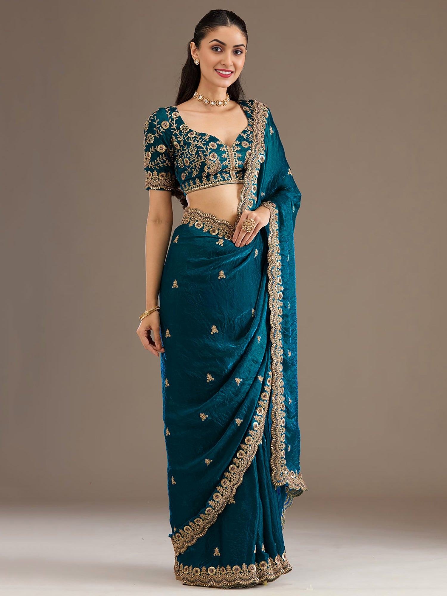 Classy Teal Blue Sequins Tissue Reception Wear Saree With Blouse