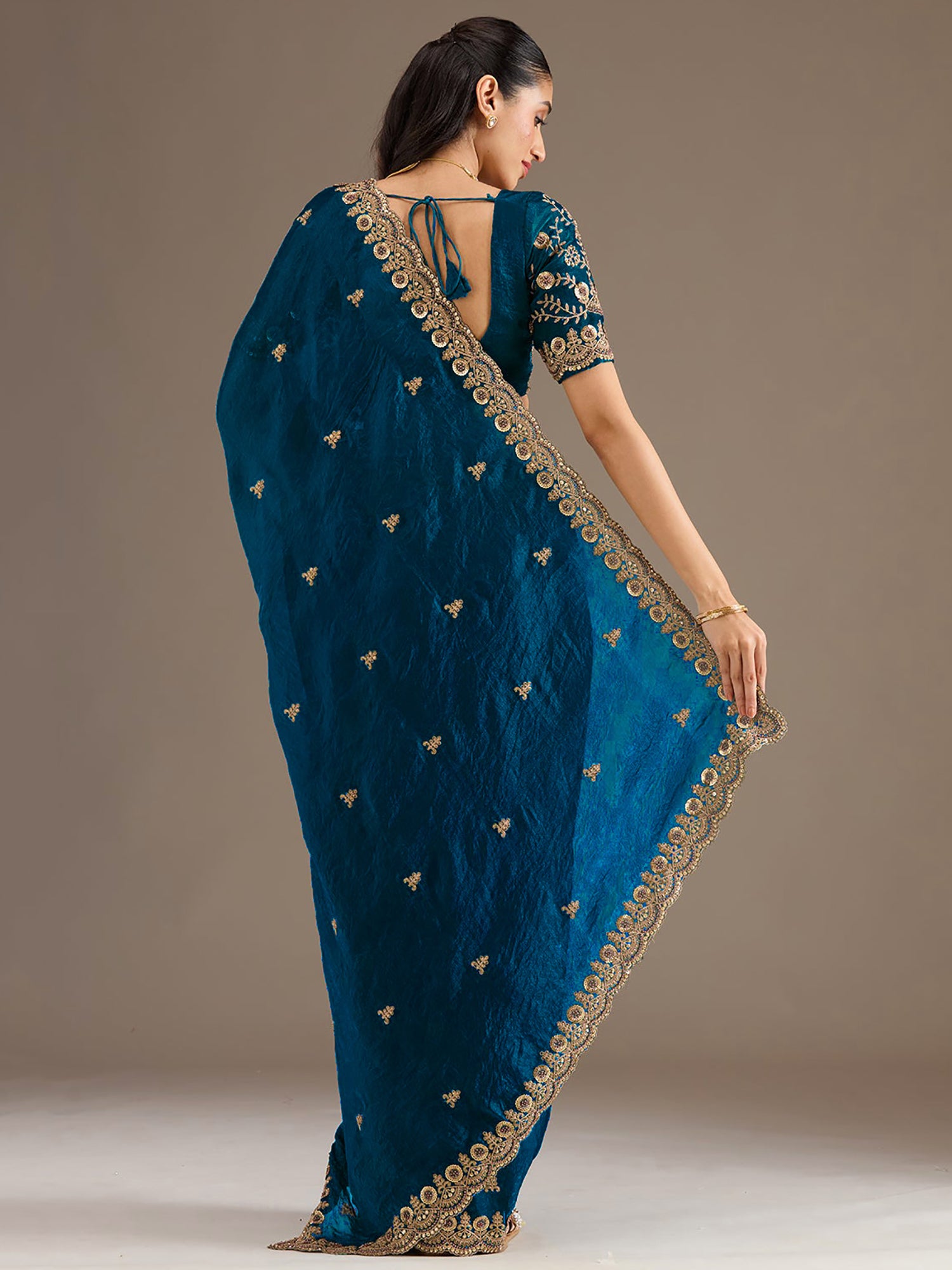 Classy Teal Blue Sequins Tissue Reception Wear Saree With Blouse