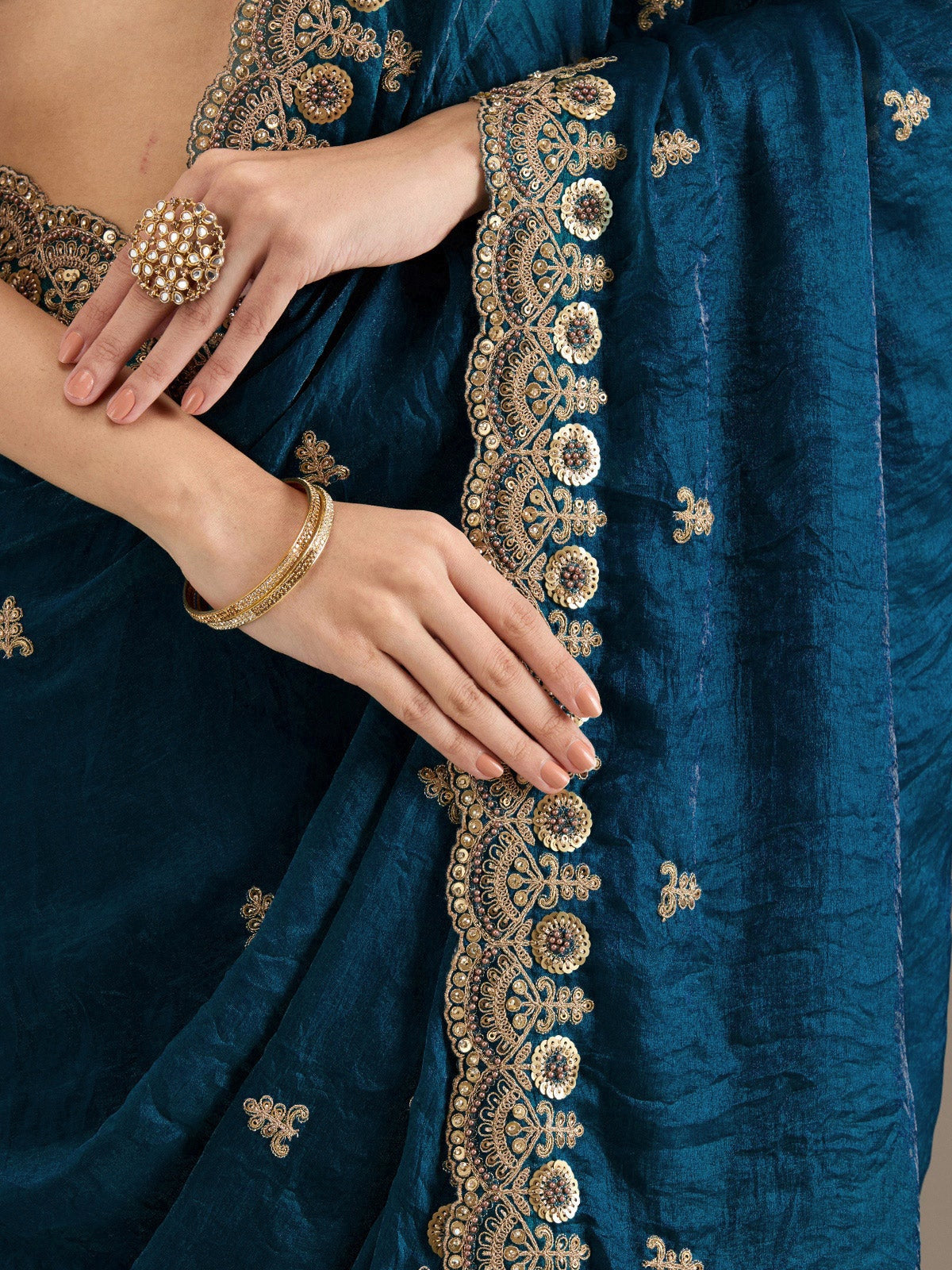 Classy Teal Blue Sequins Tissue Reception Wear Saree With Blouse