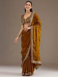 Attractive Golden Embroidered Tissue Party Wear Saree With Blouse