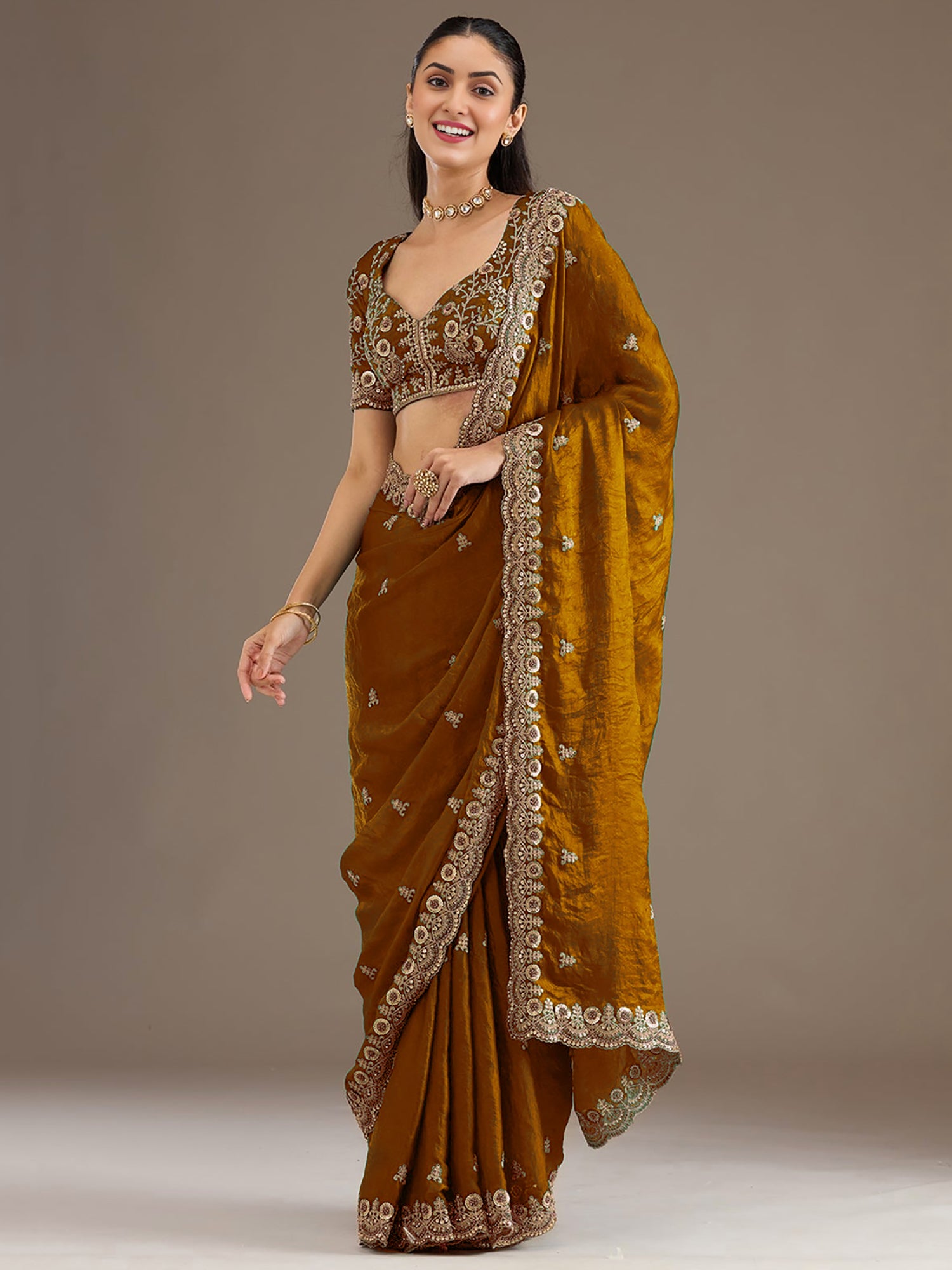Attractive Golden Embroidered Tissue Party Wear Saree With Blouse