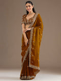 Attractive Golden Embroidered Tissue Party Wear Saree With Blouse