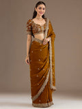 Attractive Golden Embroidered Tissue Party Wear Saree With Blouse