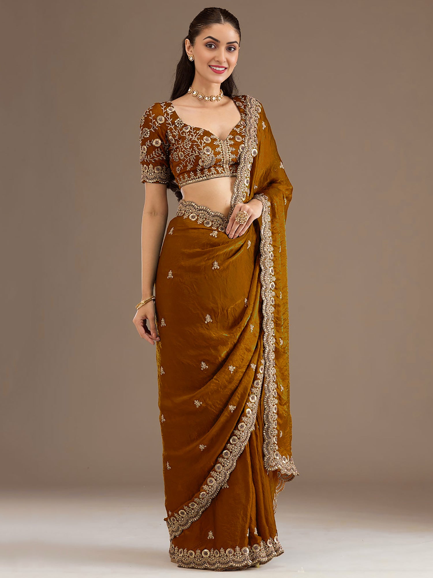 Attractive Golden Embroidered Tissue Party Wear Saree With Blouse