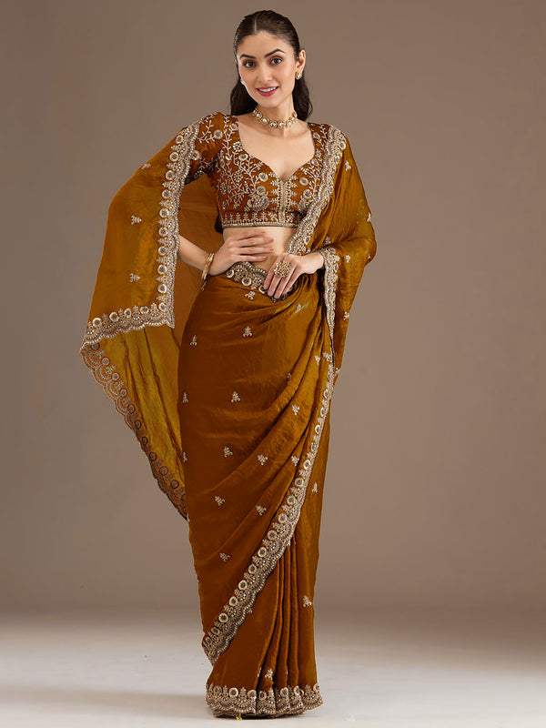 Attractive Golden Embroidered Tissue Party Wear Saree With Blouse