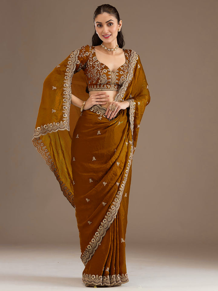 Attractive Golden Embroidered Tissue Party Wear Saree With Blouse