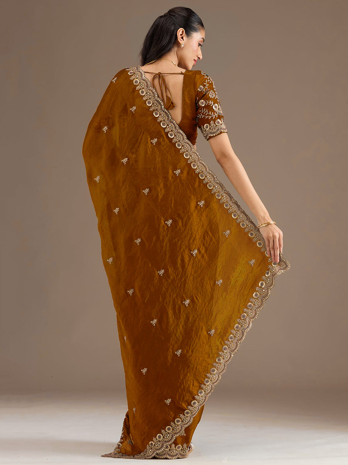 Attractive Golden Embroidered Tissue Party Wear Saree With Blouse