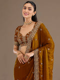 Attractive Golden Embroidered Tissue Party Wear Saree With Blouse