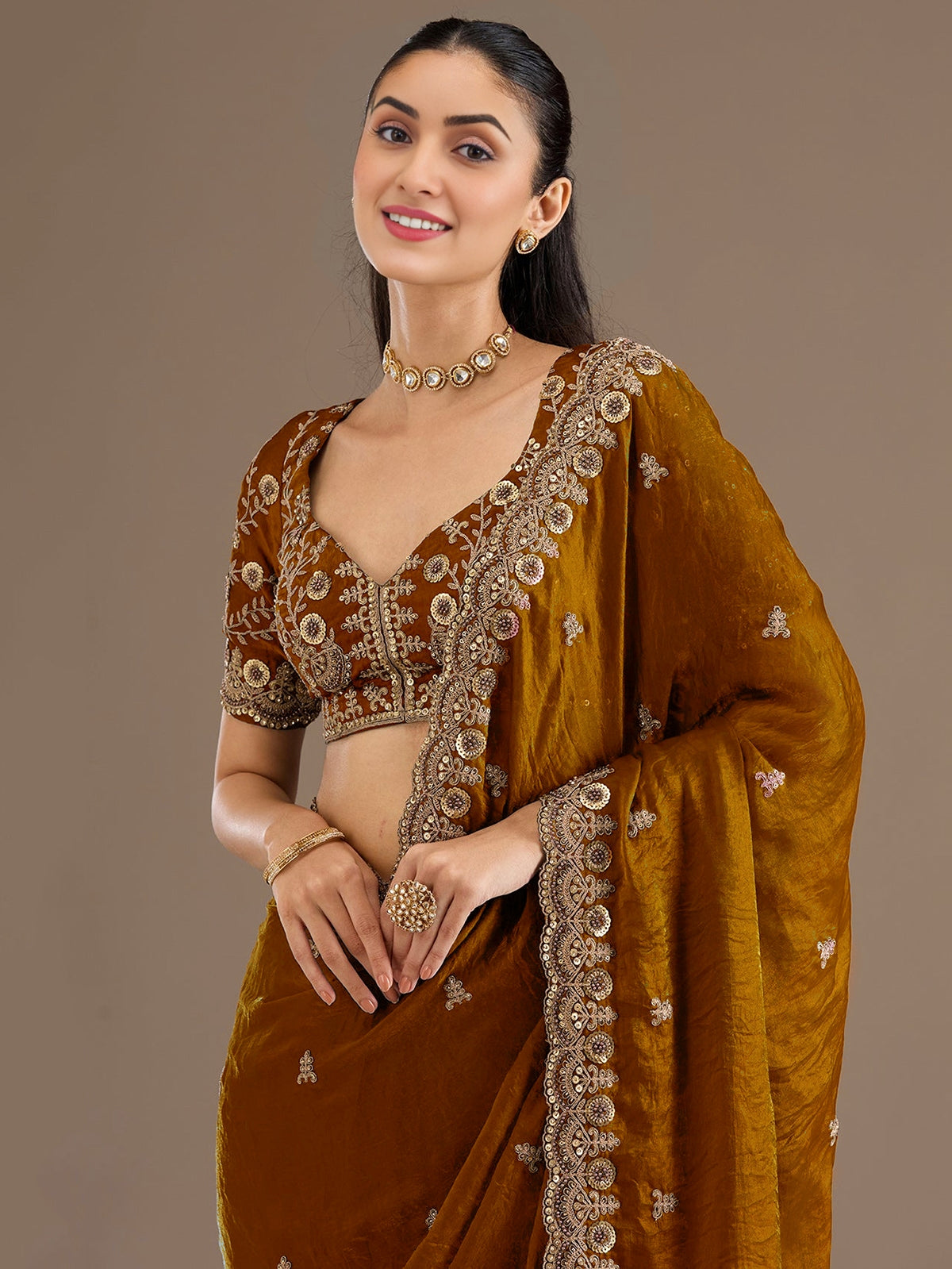 Attractive Golden Embroidered Tissue Party Wear Saree With Blouse