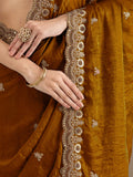 Attractive Golden Embroidered Tissue Party Wear Saree With Blouse