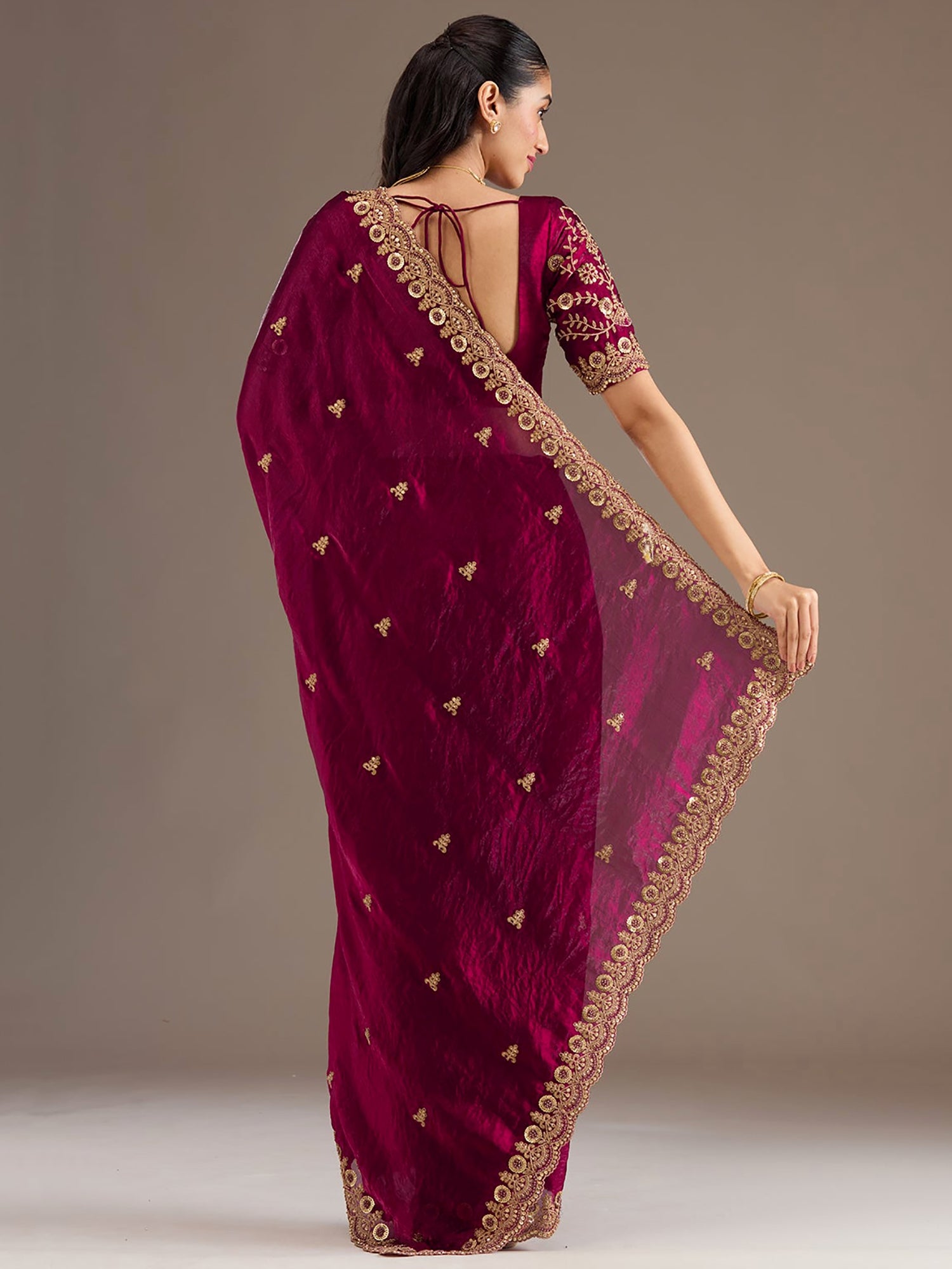 Fantastic Maroon Sequins Embroidered Tissue Bridal Saree With Blouse