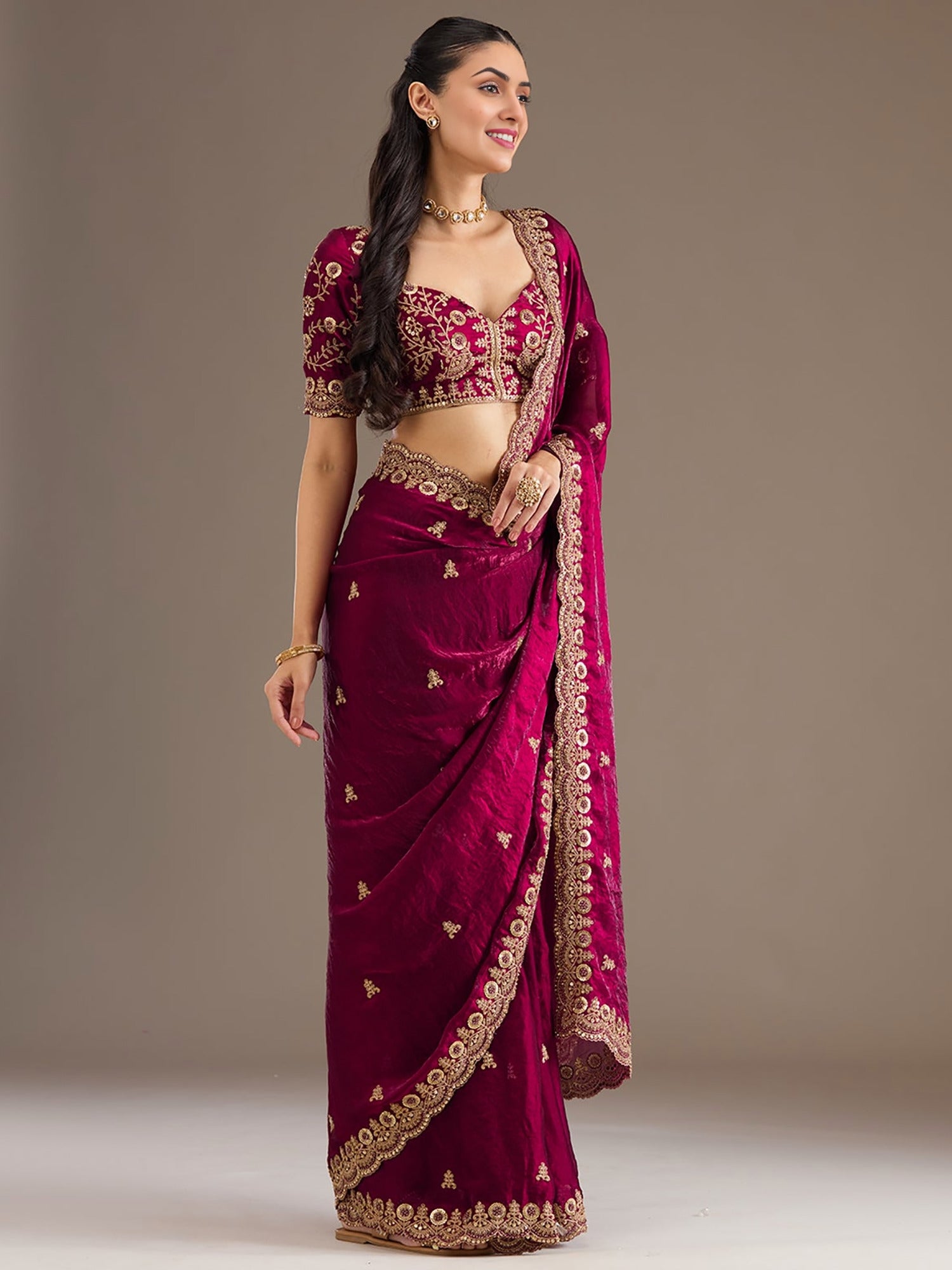 Fantastic Maroon Sequins Embroidered Tissue Bridal Saree With Blouse