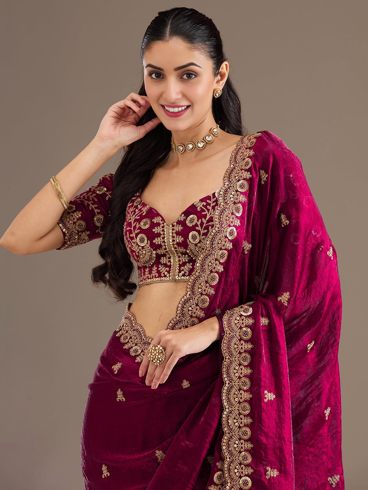 Fantastic Maroon Sequins Embroidered Tissue Bridal Saree With Blouse