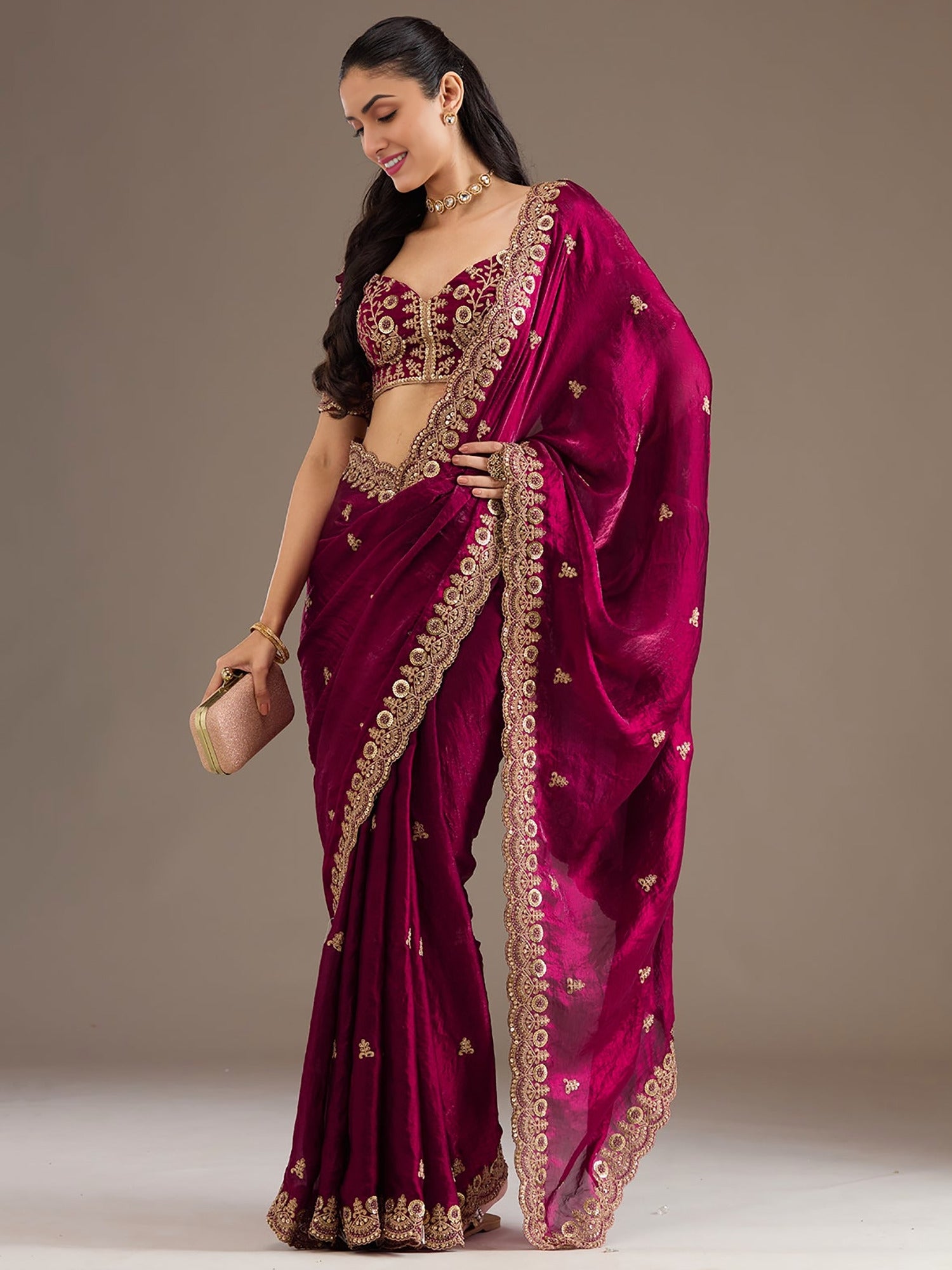 Fantastic Maroon Sequins Embroidered Tissue Bridal Saree With Blouse