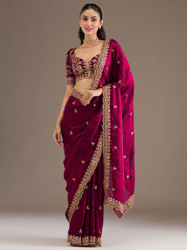 Fantastic Maroon Sequins Embroidered Tissue Bridal Saree With Blouse