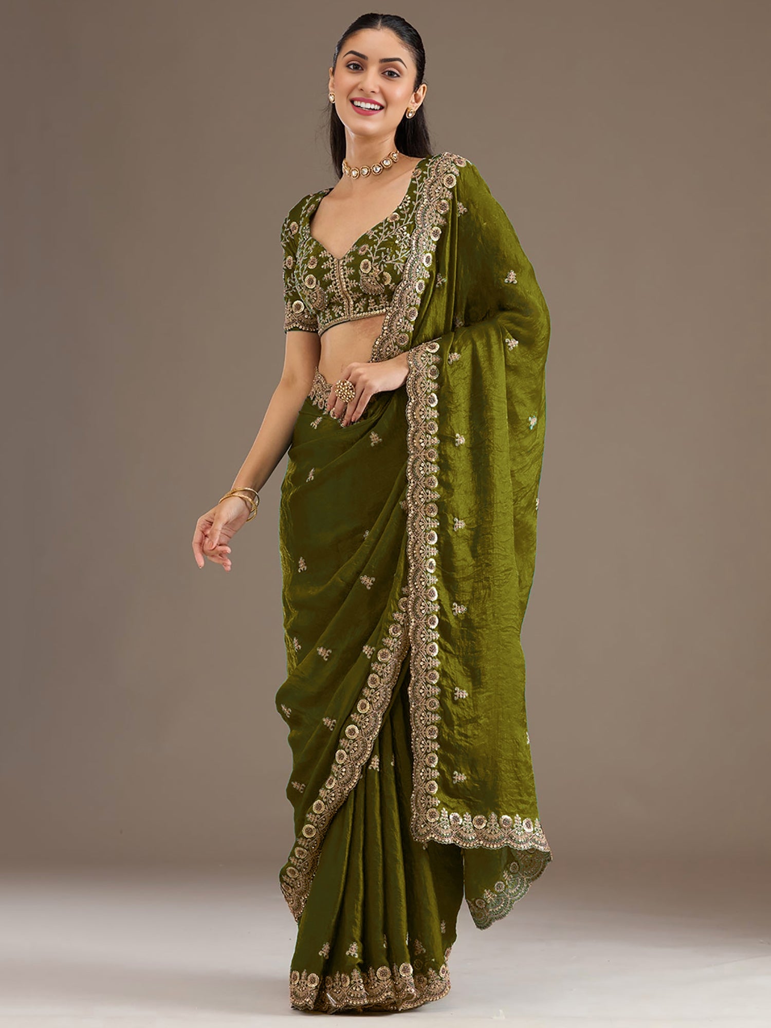 Sparkling Olive Green Embroidered Tissue Mehendi Wear Saree With Blouse