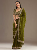 Sparkling Olive Green Embroidered Tissue Mehendi Wear Saree With Blouse