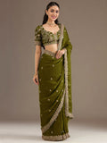 Sparkling Olive Green Embroidered Tissue Mehendi Wear Saree With Blouse