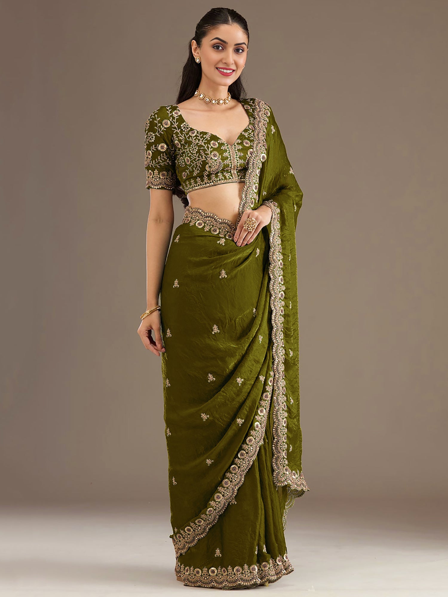 Sparkling Olive Green Embroidered Tissue Mehendi Wear Saree With Blouse