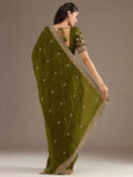 Sparkling Olive Green Embroidered Tissue Mehendi Wear Saree With Blouse