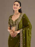 Sparkling Olive Green Embroidered Tissue Mehendi Wear Saree With Blouse