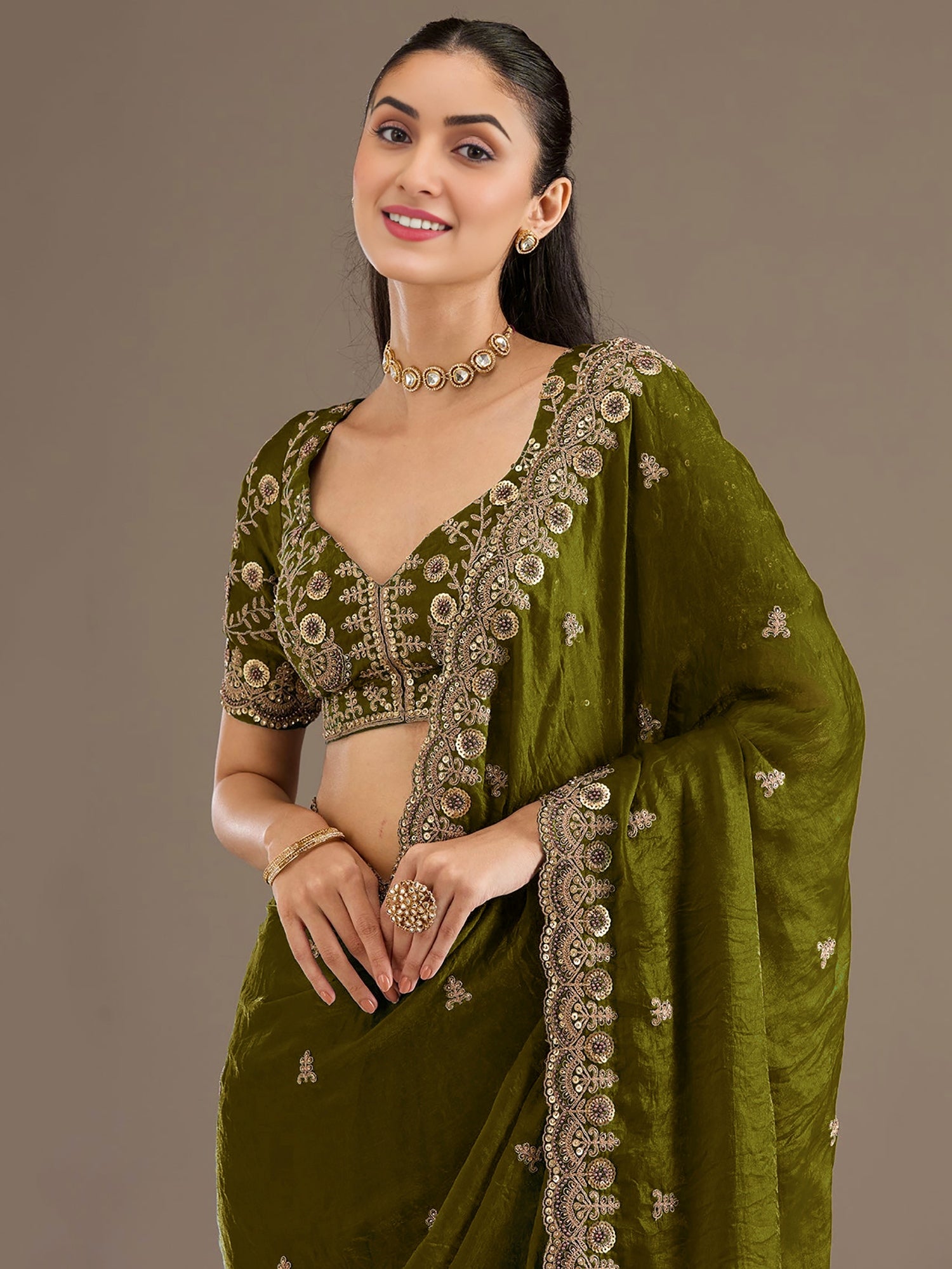 Sparkling Olive Green Embroidered Tissue Mehendi Wear Saree With Blouse