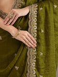 Sparkling Olive Green Embroidered Tissue Mehendi Wear Saree With Blouse