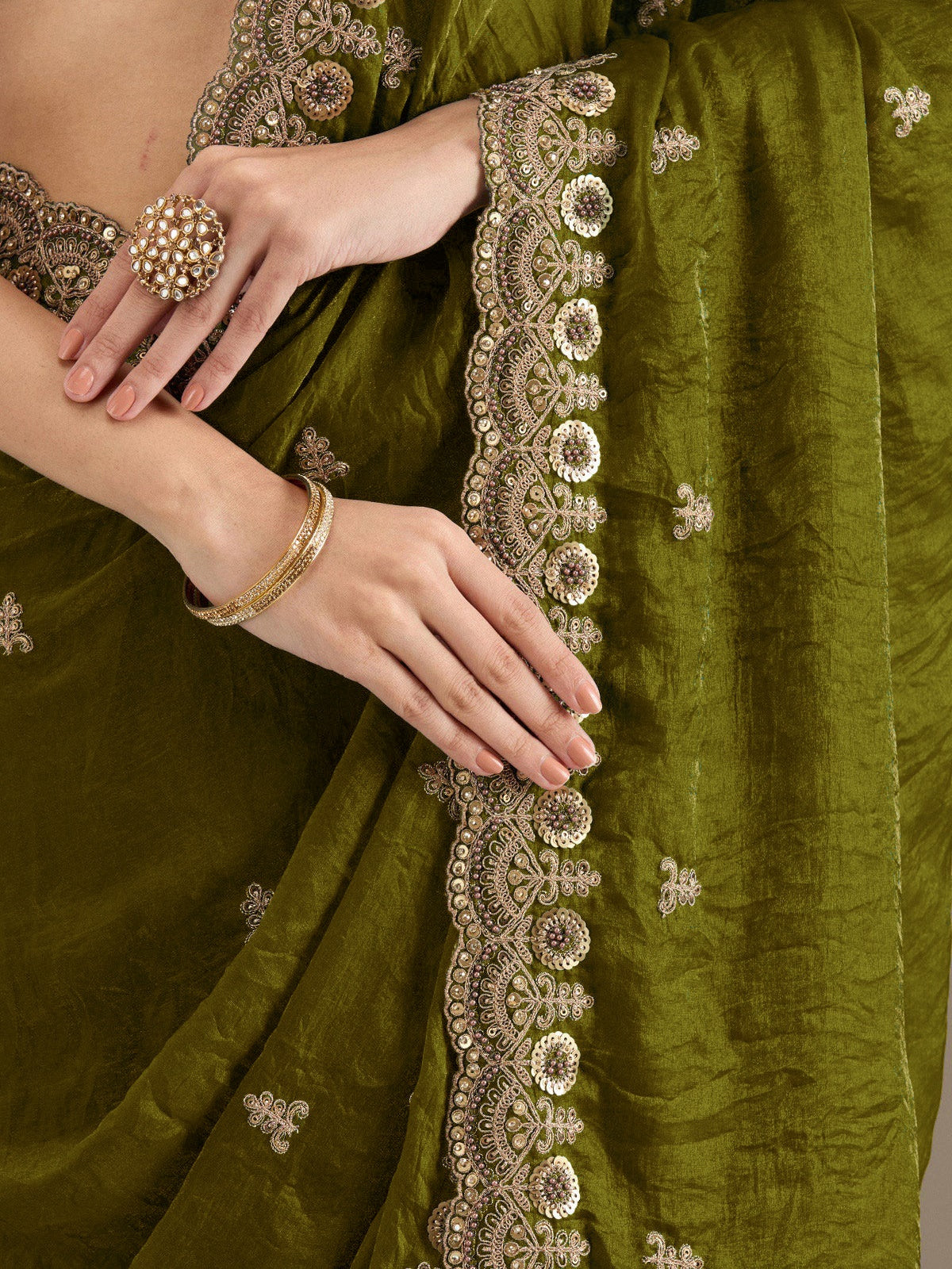 Sparkling Olive Green Embroidered Tissue Mehendi Wear Saree With Blouse